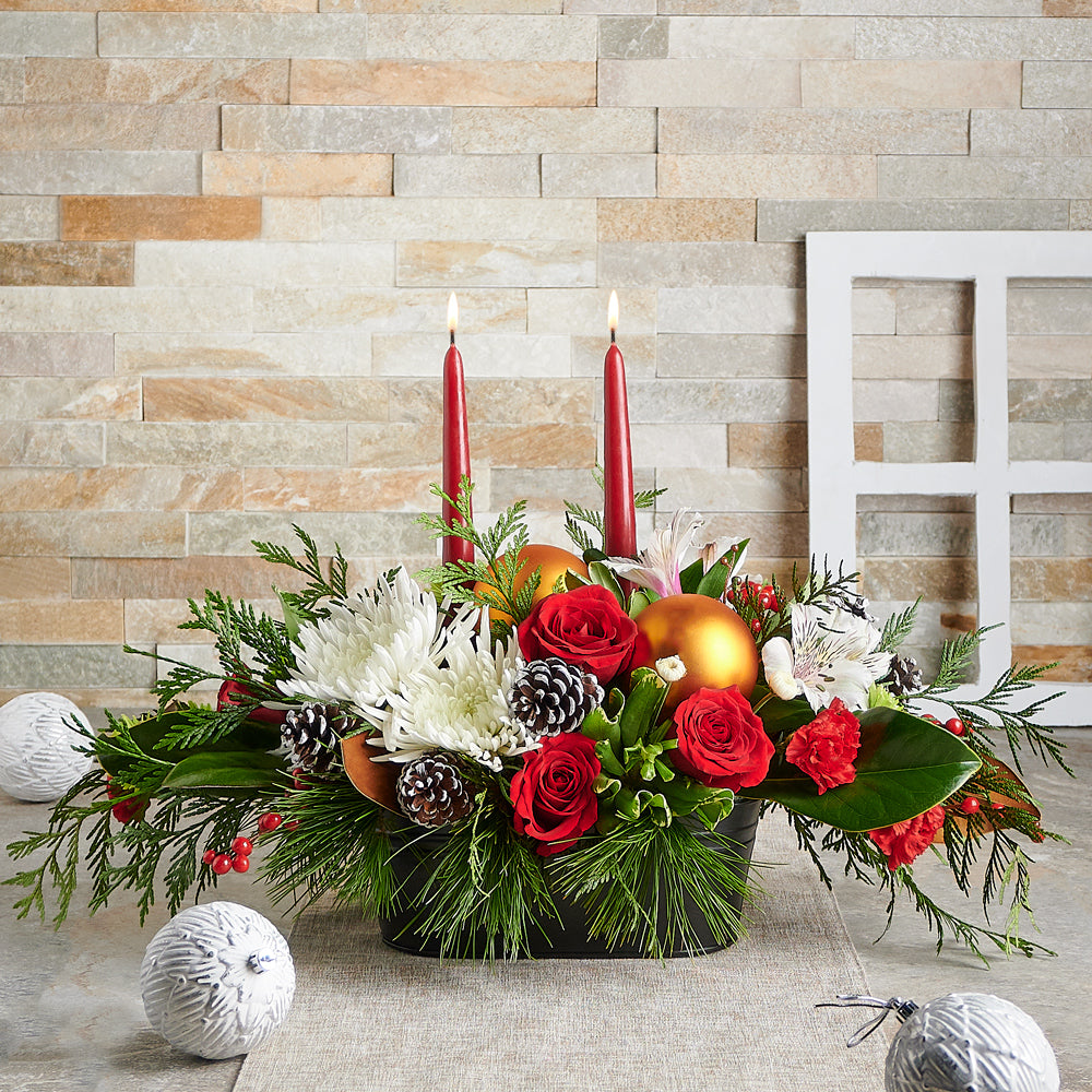 Festive Rose and Chrysanthemum Holiday Arrangement – how the gift is presented
