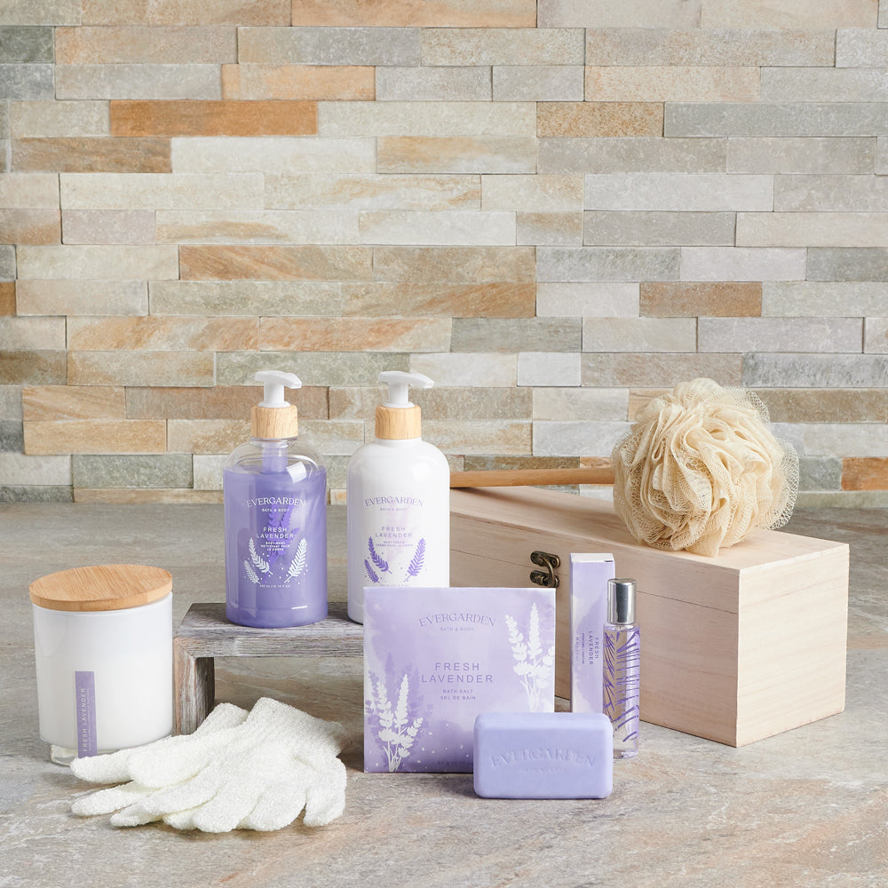 The Lavender Dreamscape Spa Gift Set, Spa Gift Baskets, Body cream, body wash, bath salts, body scrub, bar soap, spa candle, exfoliating gloves, perfume, Luxury spa gifts, Shower gloves, Body buffer