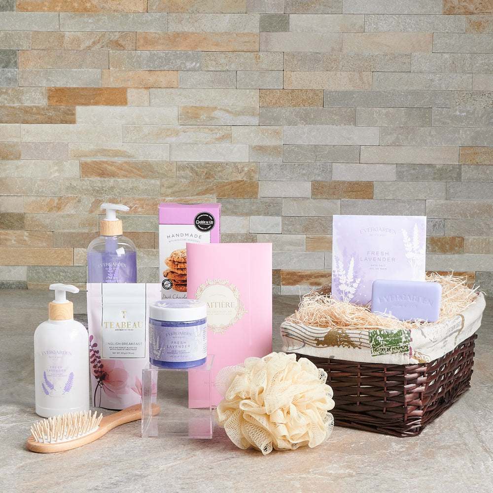 lavender gift basket, spa gift basket, cookies, chocolate, tea, mother's day, lavender, skincare, bath and body, spa, spa gift set delivery, delivery spa gift set