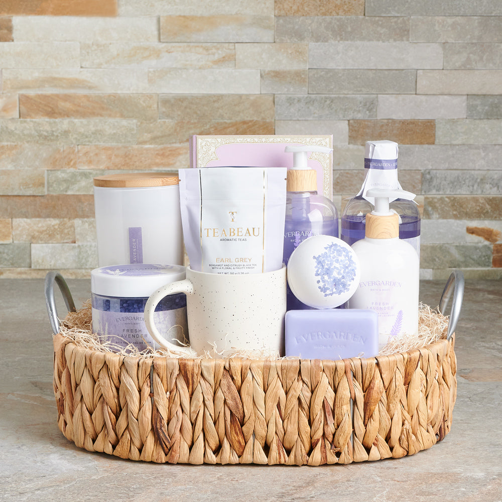 chocolate, candle, tea, mug, spa gift set, lavender, skincare, bath and body, spa, bath and body gift set delivery, delivery bath and body gift set.