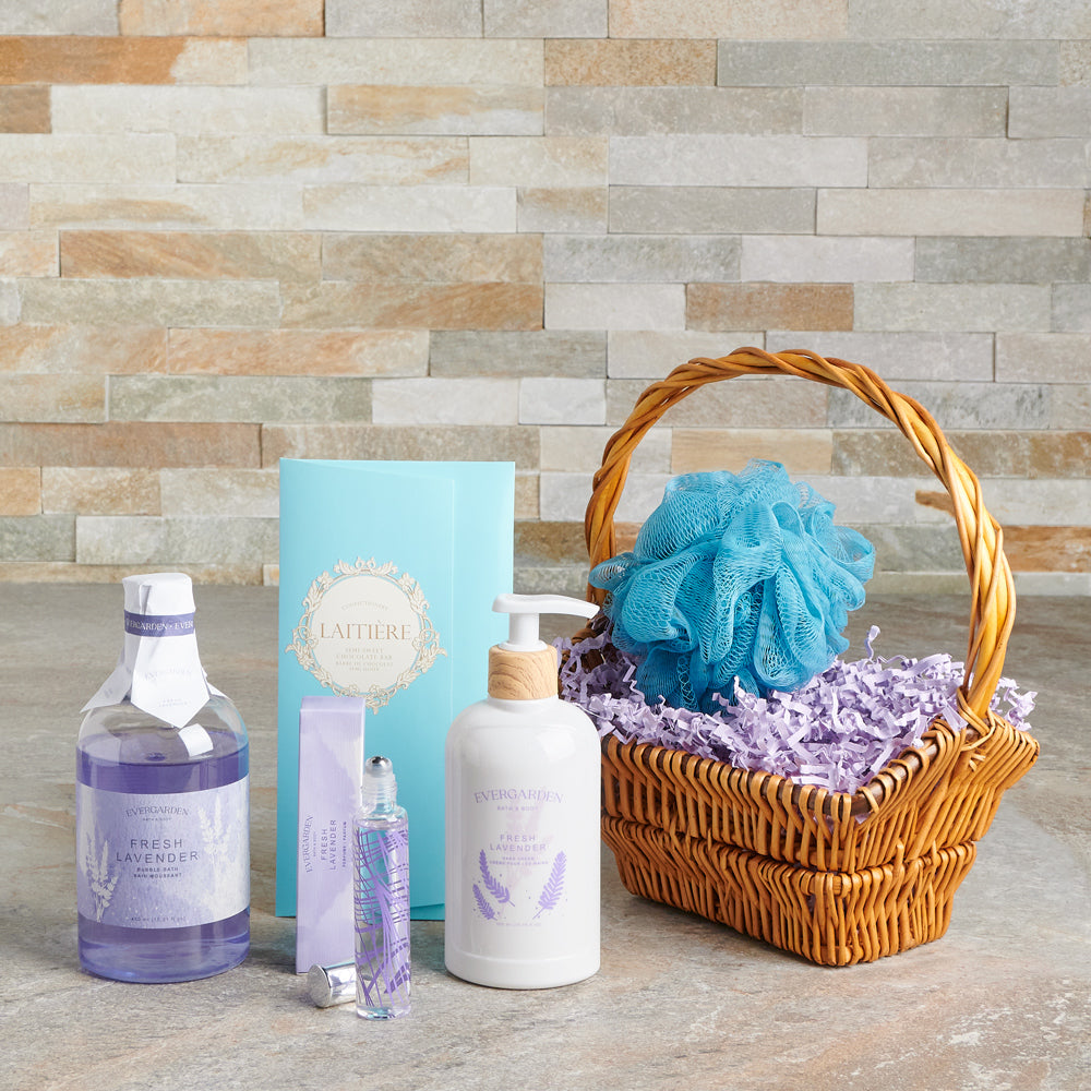 spa gifts, gift basket, mother's day, lavender, skincare, bath and body, spa, spa gift basket delivery, delivery spa gift basket