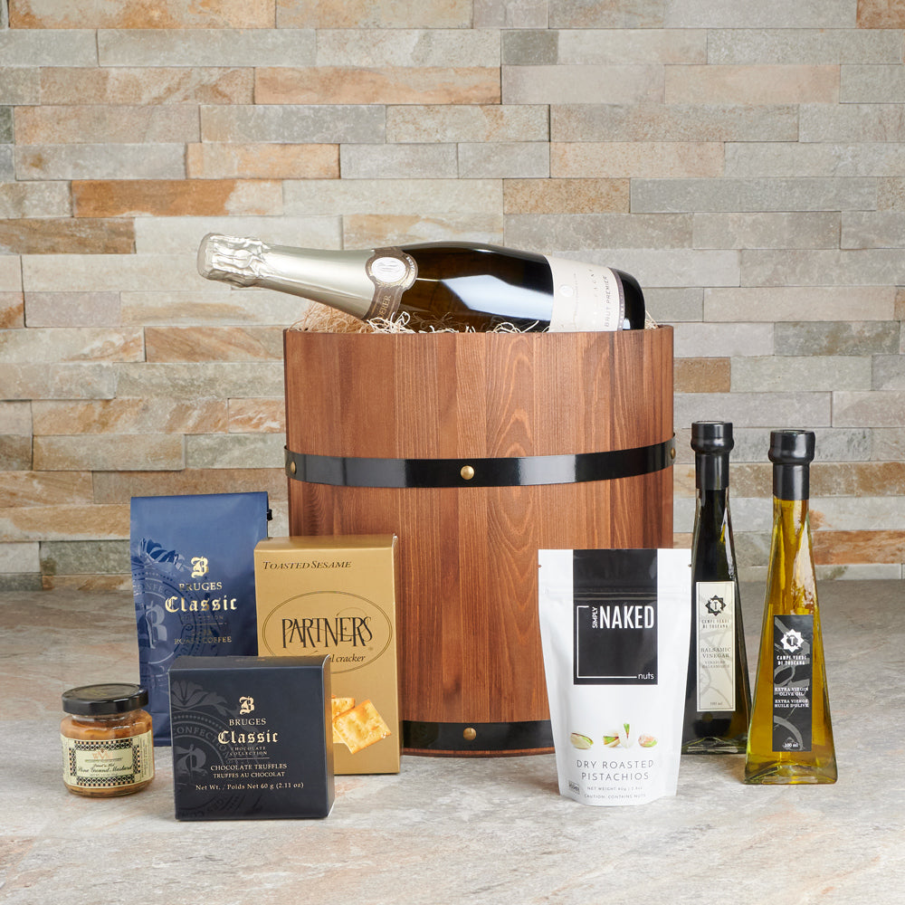 Refined Sparkling Wine Gift with Gourmet Treats in Wooden Half Barrel – how the gift is presented