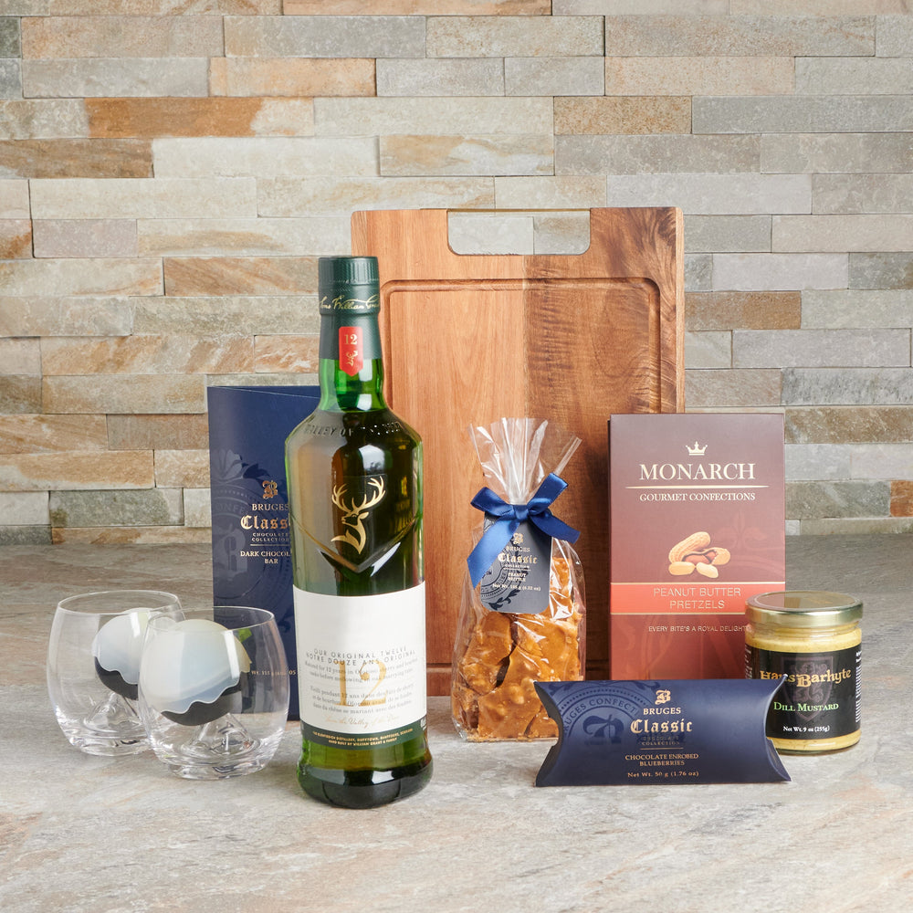 Whiskey Basket with Chocolate and Brittle – how the gift is presented