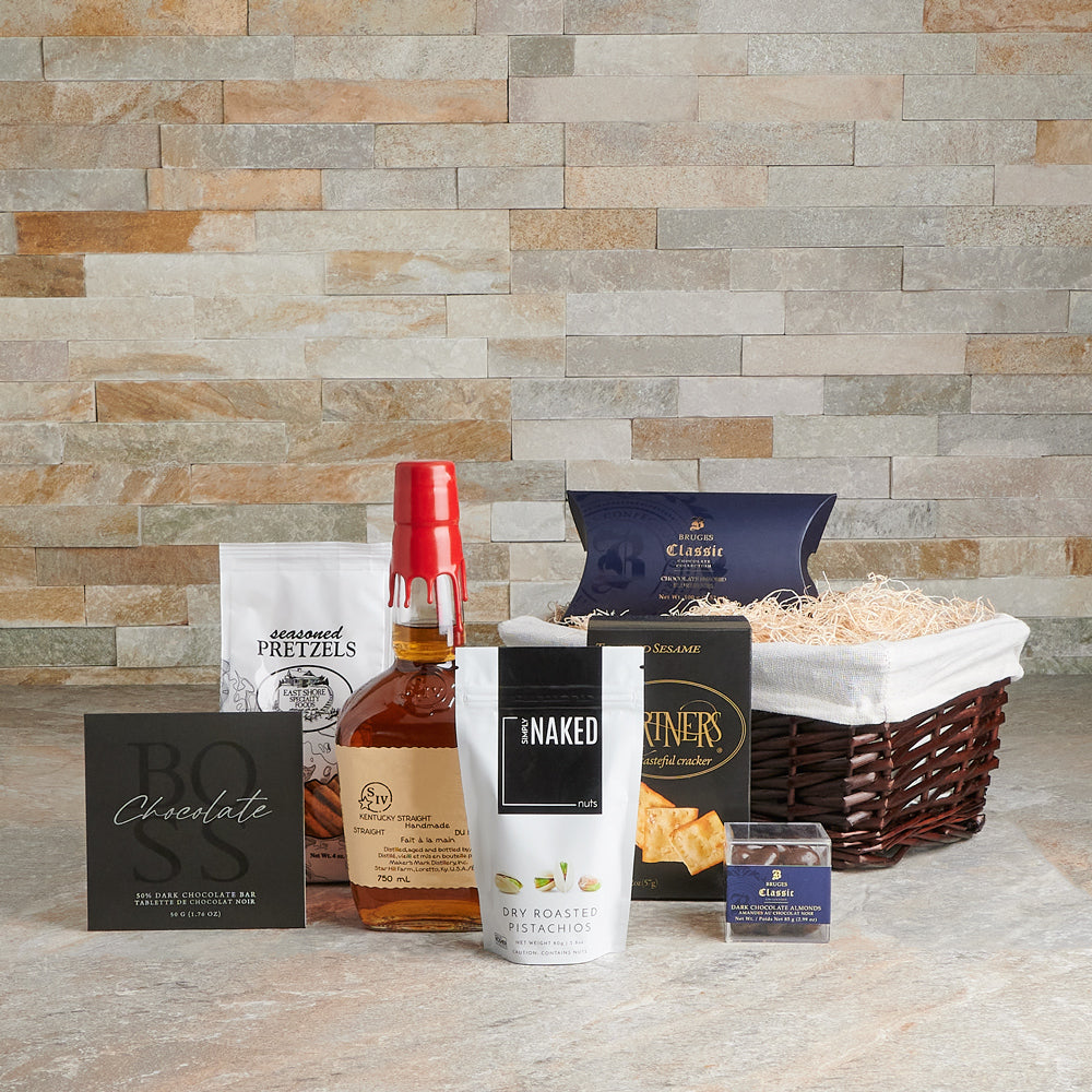 Assorted Gourmet Treats and Whiskey Basket – how the gift is presented