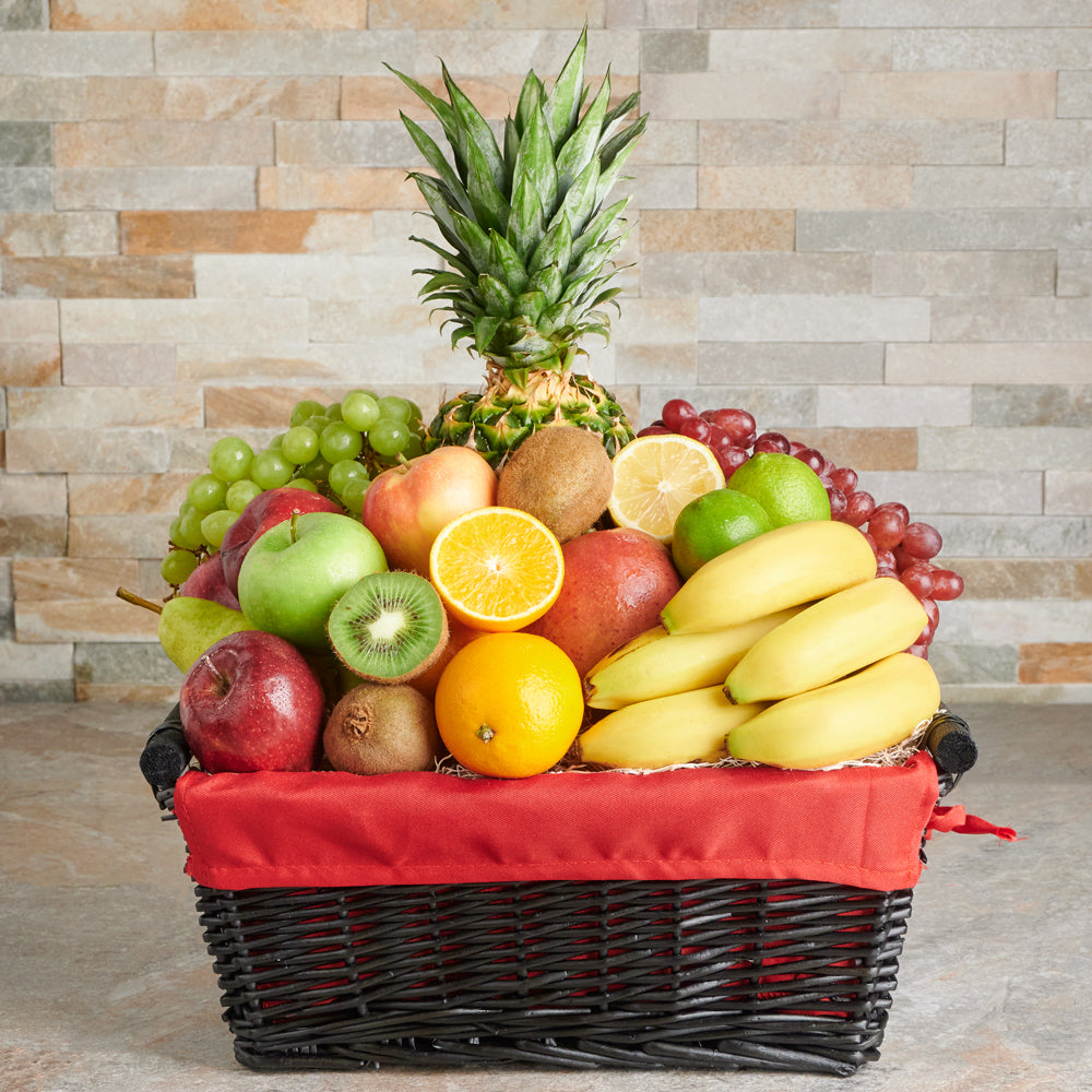 Medium Fresh Fruit Assortment Gift Basket with Red Liner – how the gift is presented