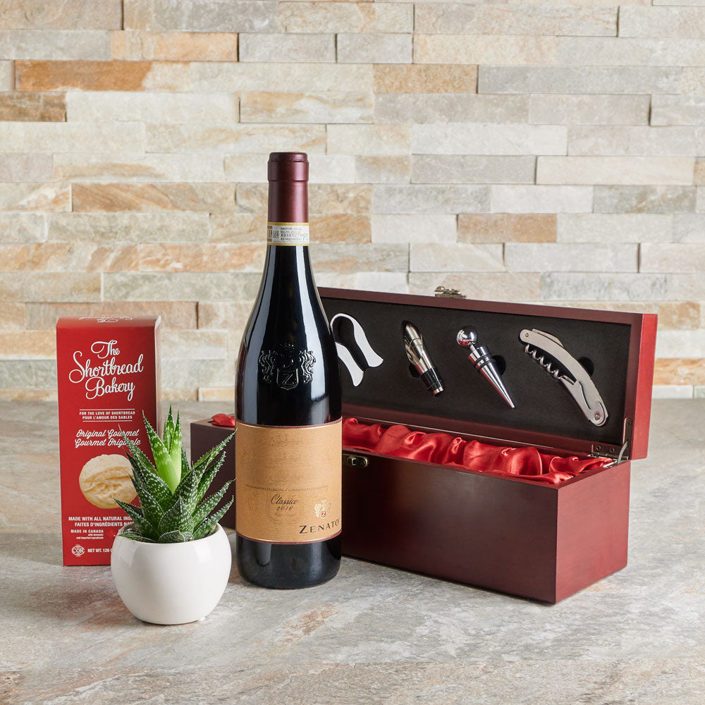 Premium Wine Gift Basket Featuring Shortbread Cookies in Dark Mahogany Wood Box – how the gift is presented