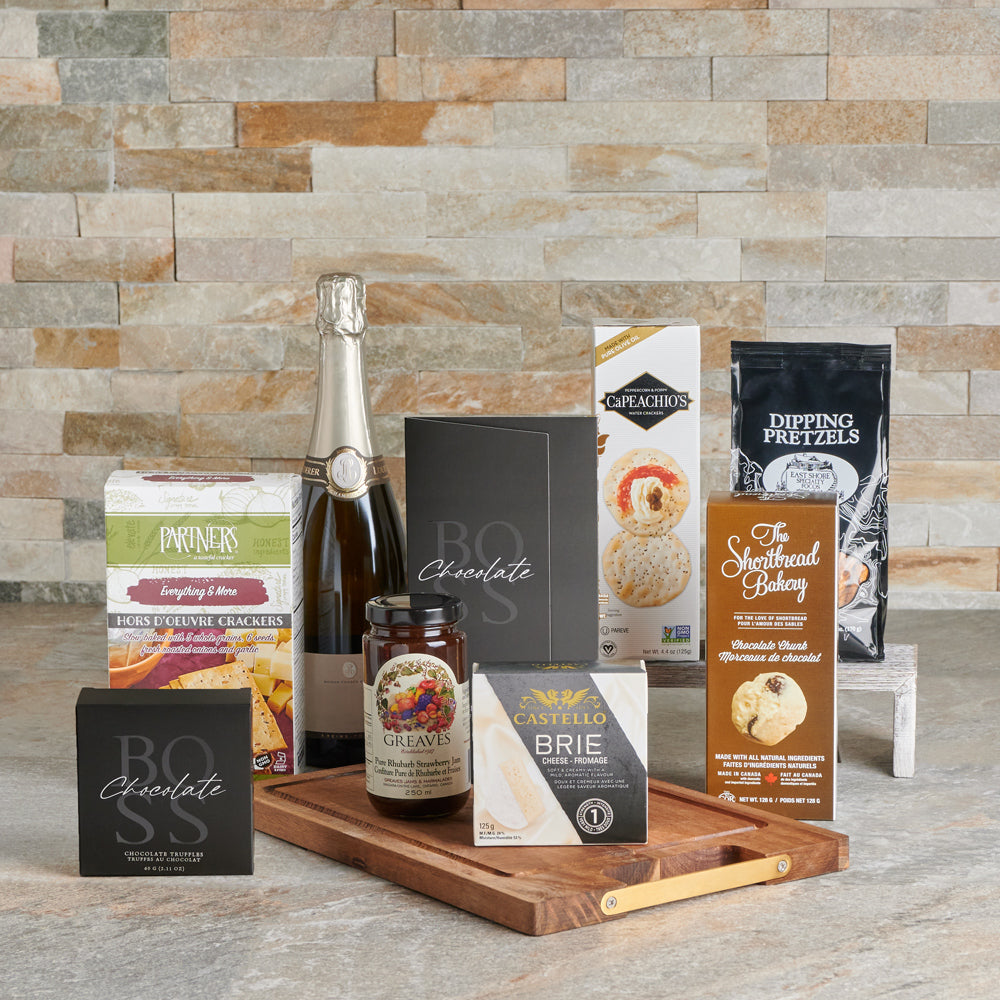 Brie Cheese, Chocolate, and Sparkling Wine Gift Basket – how the gift is presented