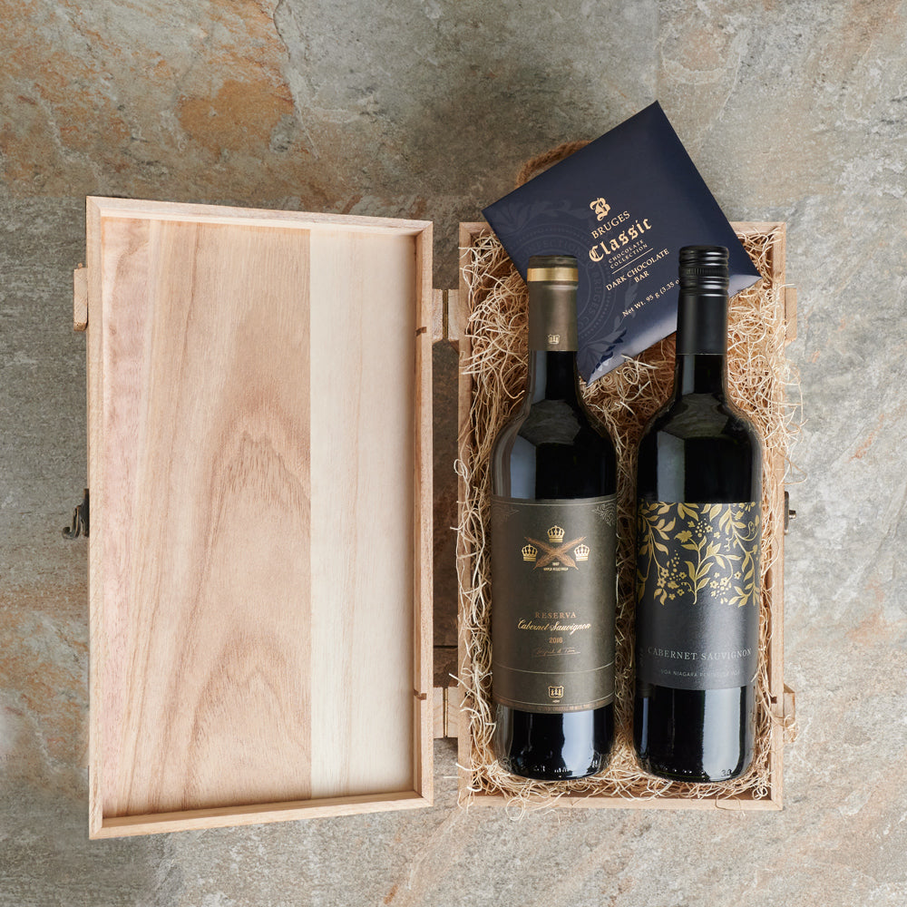 Refined Wine Gift Basket Featuring Bruges Square Chocolate & Two Wines – how the gift is presented