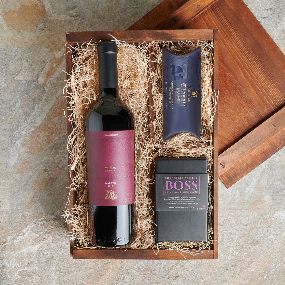 Wine and BOSS Chocolate Gift Basket, USA – how the gift is presented