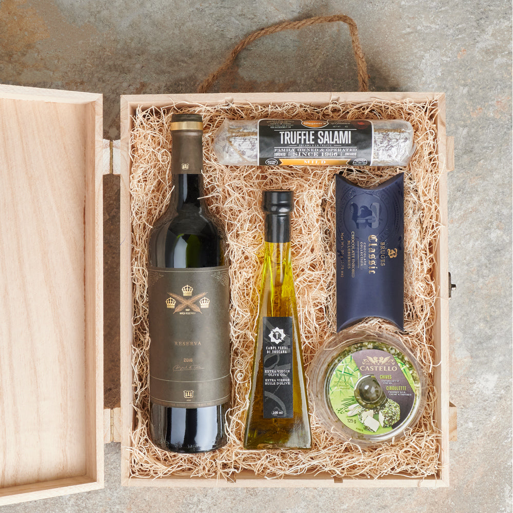 Wine and Savoury Salami Gift Basket – how the gift is presented