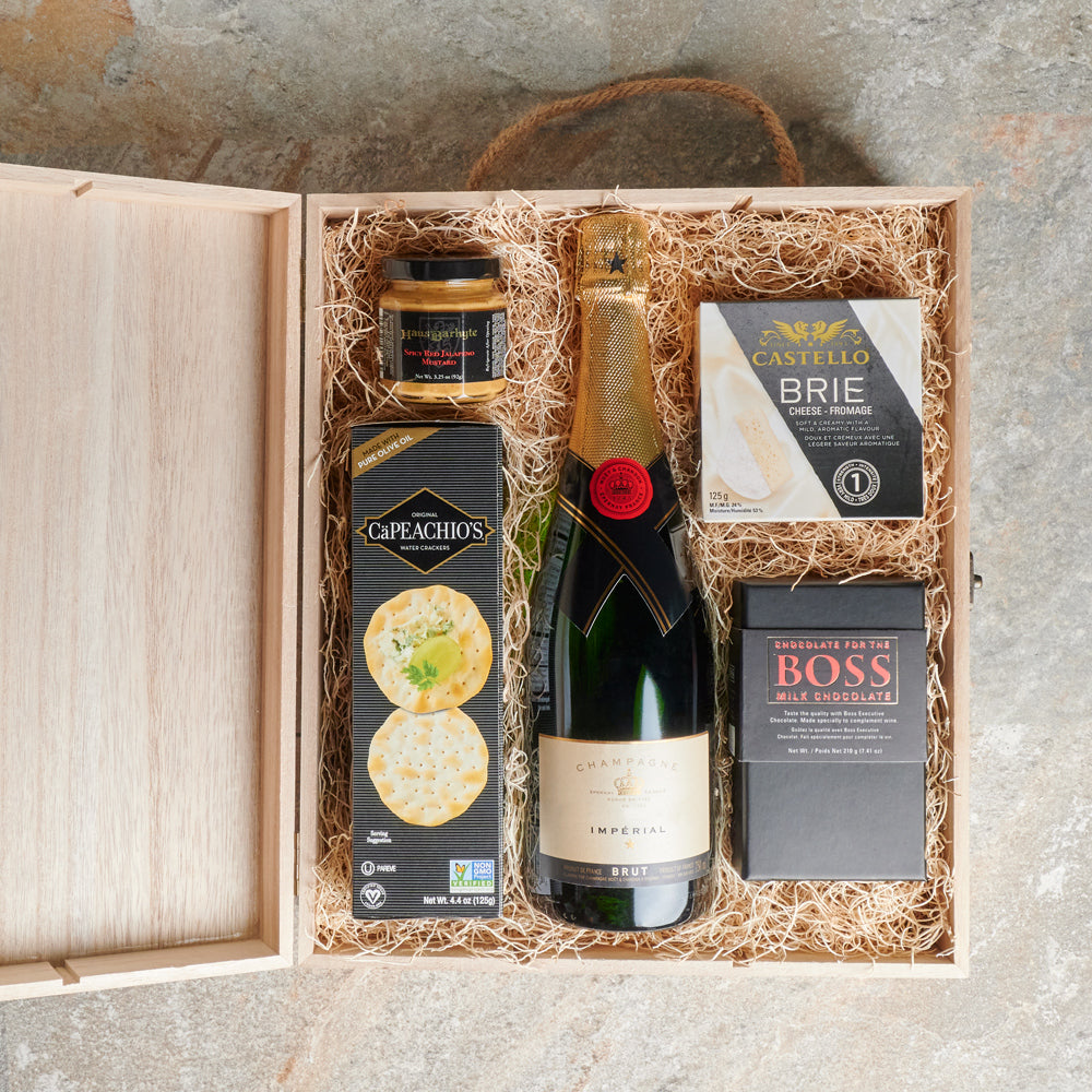 Appetizer & Champagne Gift Box, Gourmet Gift Baskets, Champagne Gift Baskets, Champagne Gift Crate