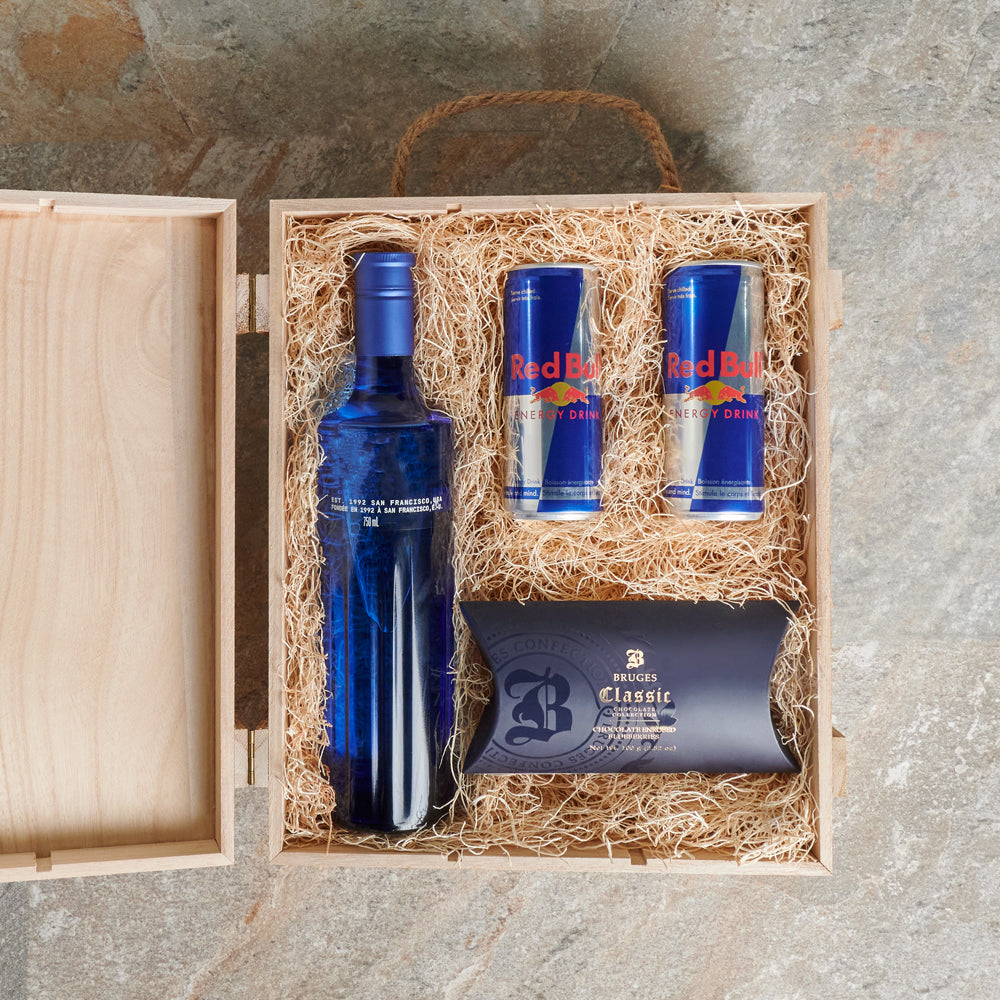 Vodka Gift Basket with Chocolate Blueberries – how the gift is presented