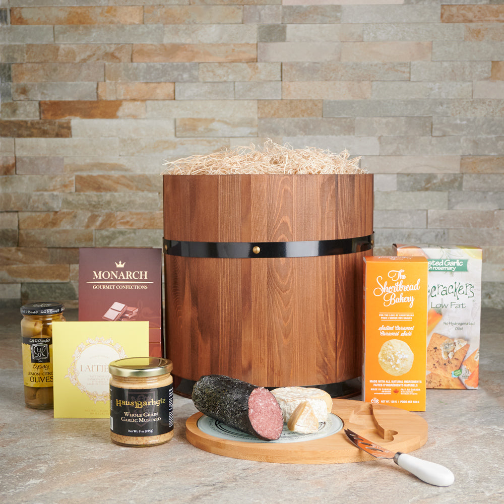 Delicious Gourmet Snack Barrel, Gourmet Gift Baskets, Chocolate Gift Baskets, Crackers, Chocolates, Salami