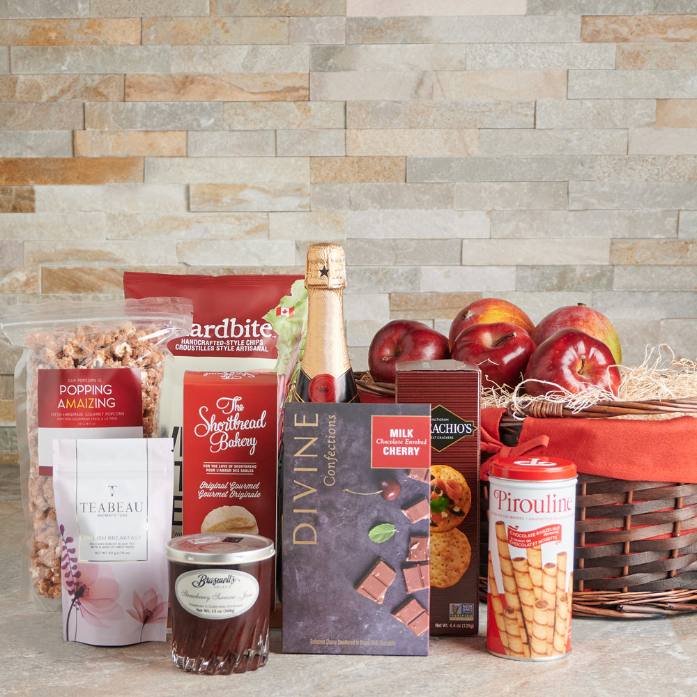 Sparkling Wine Gift in Wood Basket – how the gift is presented
