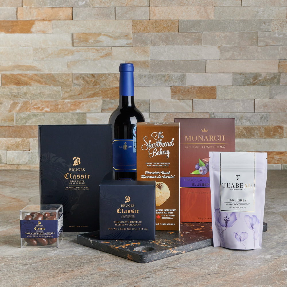 Red Wine and Chocolate Collection Basket – how the gift is presented