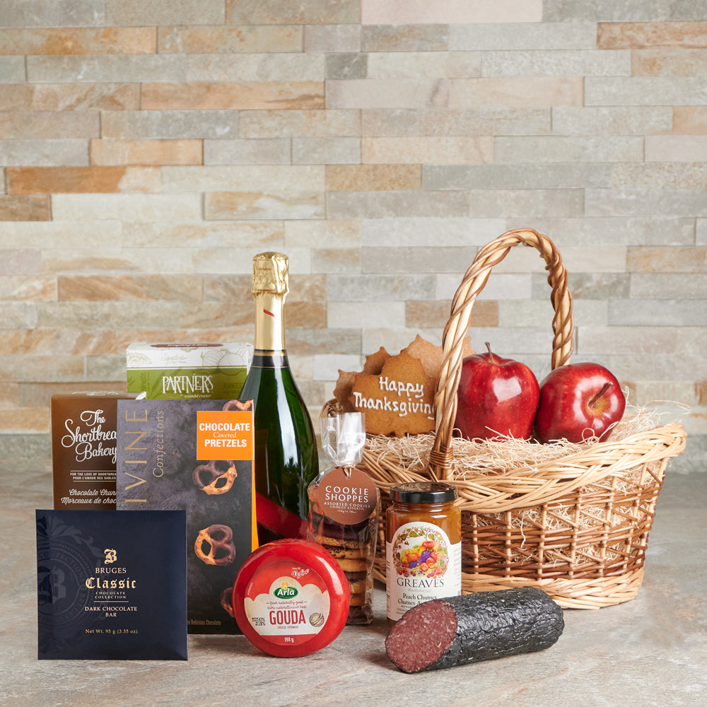 Chocolate, crackers, chutney, Cheese, cookies, Fruit, Thanksgiving, Champagne, Champagne Gift Basket, thanksgiving gift basket delivery, delivery thanksgiving gift basket