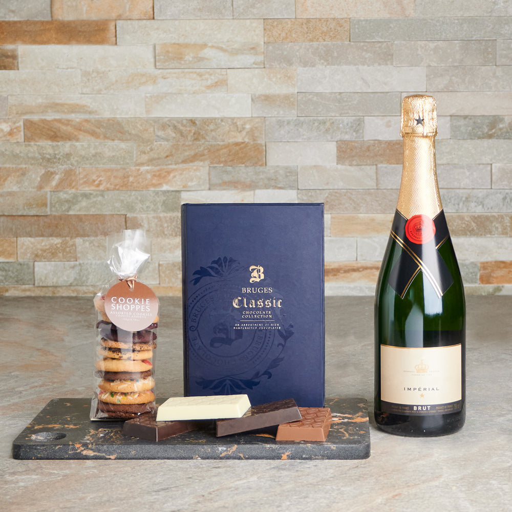 chocolate assortment, Chocolate, cookies, champagne gift set, Champagne, champagne gift basket delivery, delivery champagne gift basket, champagne gifts