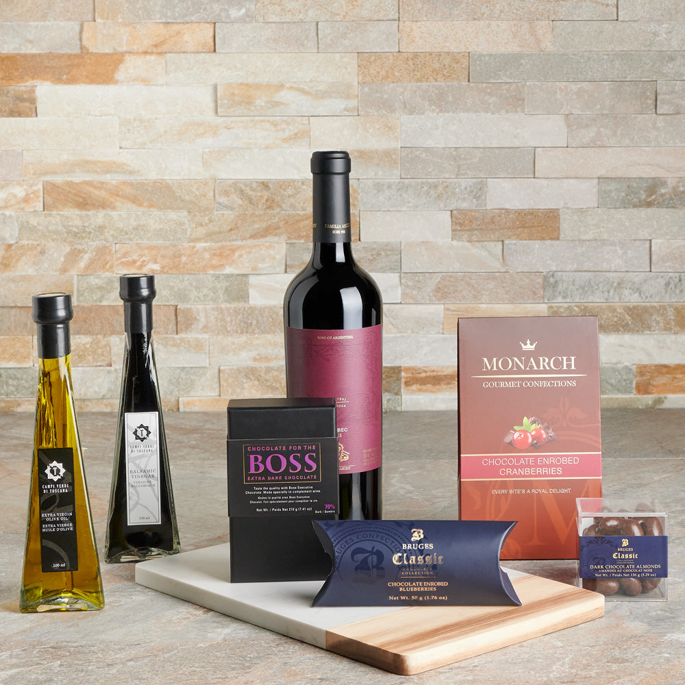 Bold Flavours Wine Gift Board, wine gift baskets, wine, chocolate, gift, baskets, gift baskets, gourmet, olive oil, balsamic vinegar, chocolate, artisanal