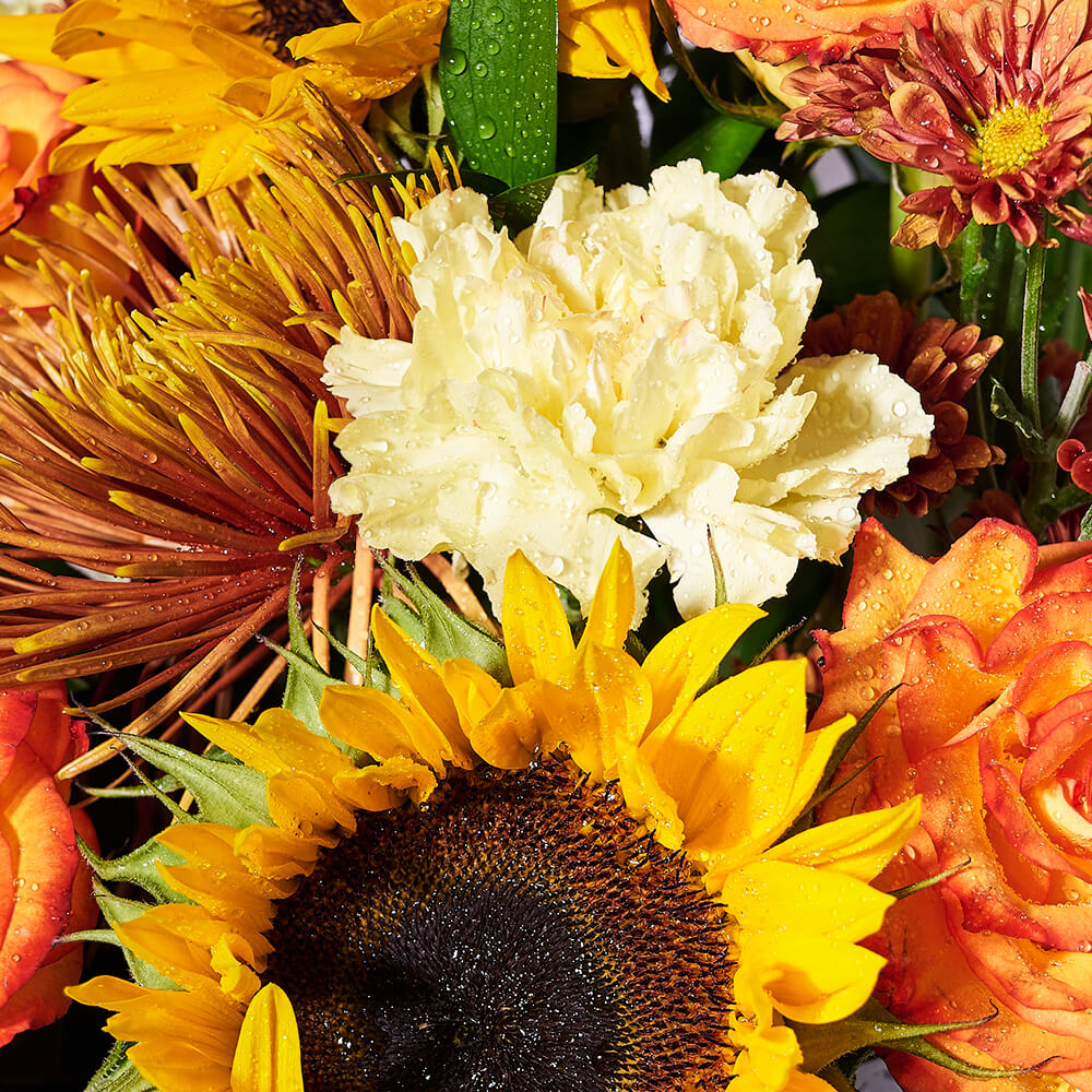 Sunflower and Chrysanthemum Fall Arrangement in Hat Box – how the gift is presented