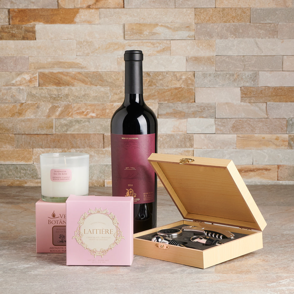 Romantic Wine & Chocolate Gift Set, wine gift set, wine tools, chocolate, candle, wine gifts, wine gift set delivery 