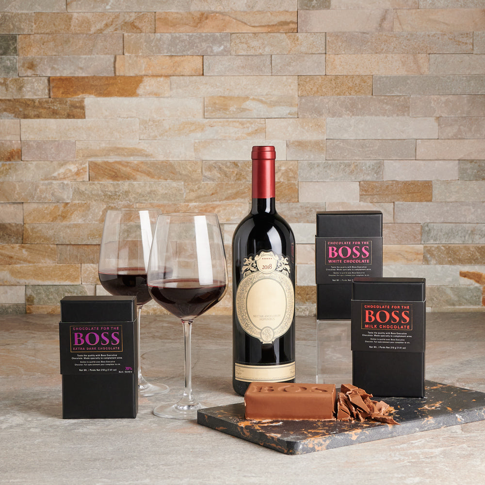 Boss Wine Matching Chocolate &amp; Cutting Board. Wine Gift Baskets, Chocolate Gift Baskets, Gourmet Gift Baskets