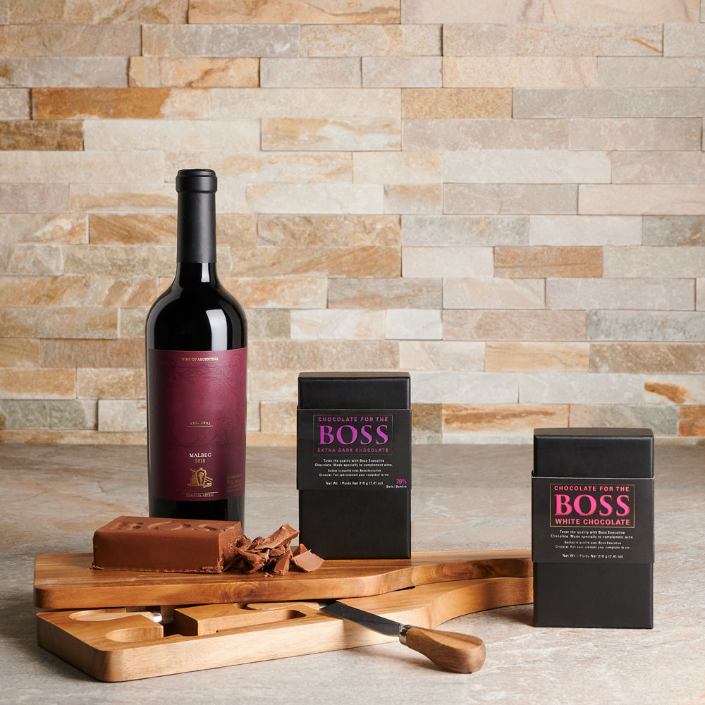 Chocolate & Wine for the Boss Gift Basket, Wine Gift Baskets, Chocolate Gift Baskets