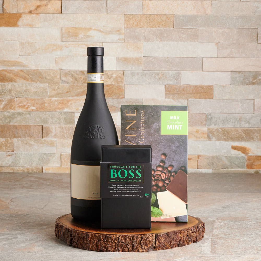 The Dark Chocolate Indulgence & Wine Gift Set, Wine Gift Baskets, Chocolate Gift Baskets, Gourmet Gift Baskets