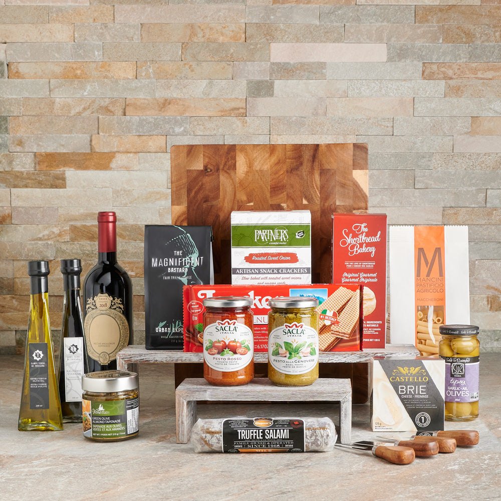 Italian Gourmet &amp; Wine Basket – Wine gift baskets –  wine baskets, wine gift baskets, gift baskets, baskets, cheese, olive oil, balsamic vinegar, olives, tapenade, gourmet, gourmet gift baskets, gourmet baskets, crackers, salami, shortbread, pasta, Italian, Italy