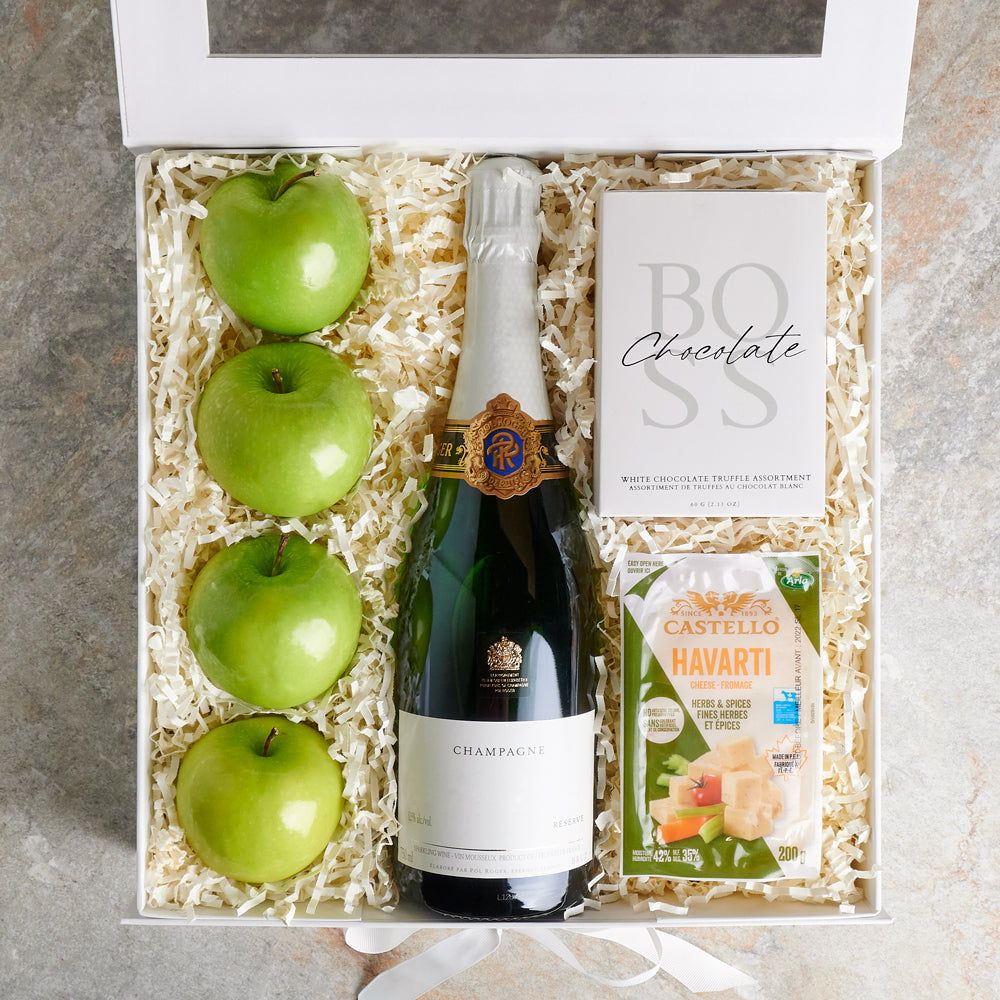Pure Delight Fruit &amp; Snack Box with Champagne, gourmet gift, gourmet, sparkling wine gift, sparkling wine, champagne gift, champagne