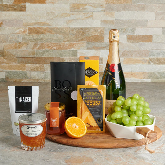 A Taste of Champagne & Cheese Gift, gourmet gift, gourmet, sparkling wine gift, sparkling wine, champagne gift, champagne, fruit gift, fruit