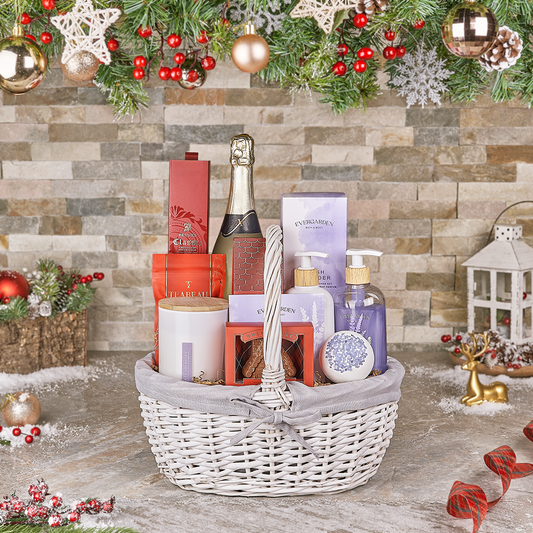 Champagne & Holiday Spa Basket, champagne gift, champagne, sparkling wine gift, sparkling wine, chocolate gift, chocolate, spa gift, spa, Canada delivery