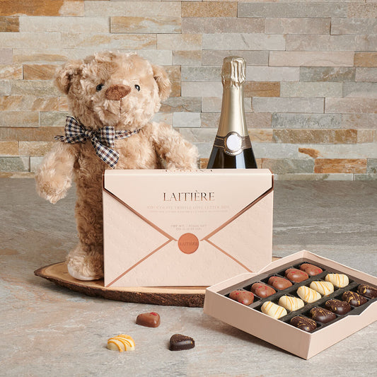 Champagne & Love Letter Chocolate Gift, champagne gift, champagne, sparkling wine gift, sparkling wine, chocolate gift, chocolate, teddy bear gift, teddy bear