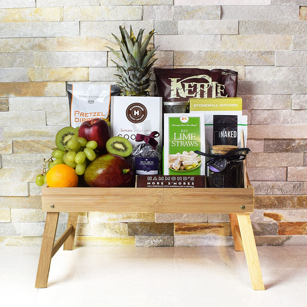 The Foodie’s Delight Fruit &amp; Snack Basket from Yorkville’s is loaded with items perfect for making a sumptuous feast. 