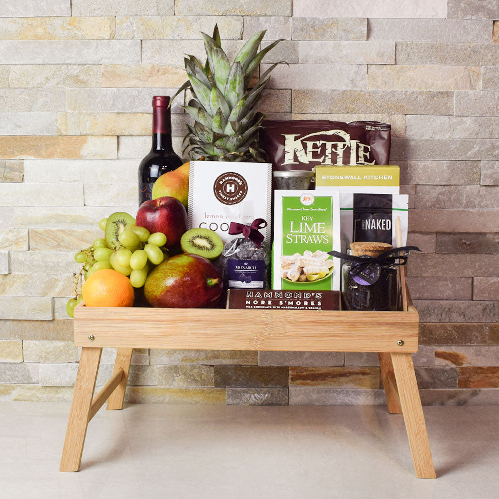 The Foodie’s Delight Fruit &amp;amp; Snack Basket with Wine from Yorkville’s is loaded with items perfect for making a sumptuous feast