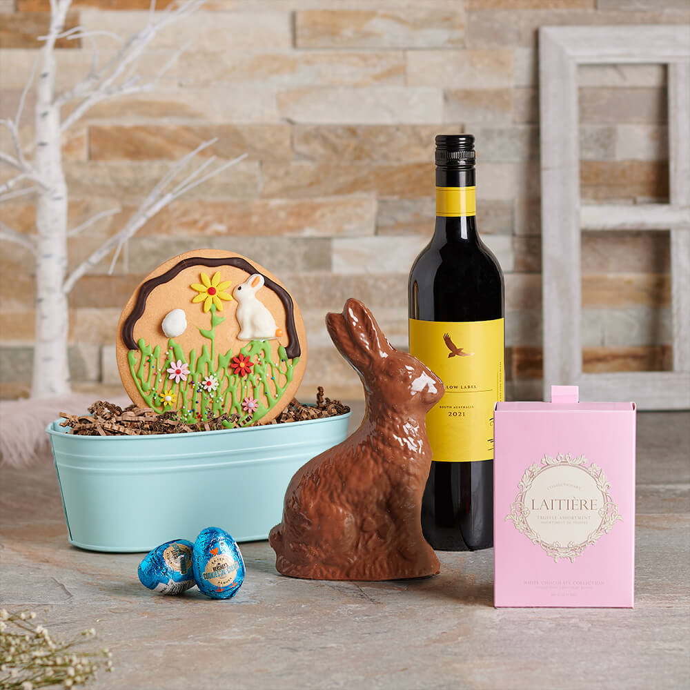 Easter Wine &amp; Chocolate Gift Basket, easter gift, easter, wine gift, wine, chocolate gift, chocolate, gourmet gift, gourmet