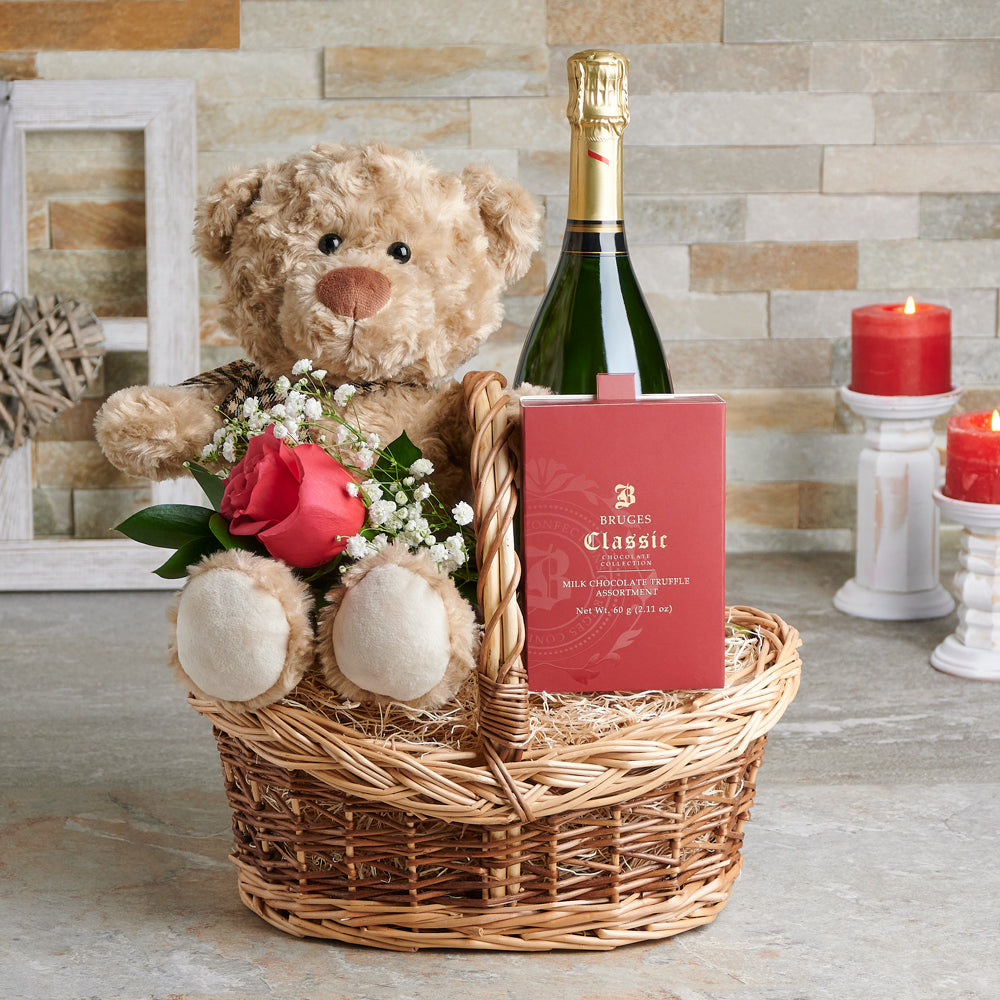 Bear &amp; Bubbly Valentine’s Gift Set , Valentine's Day gifts, sparkling wine gifts, plush gifts, chocolate gifts, rose gifts