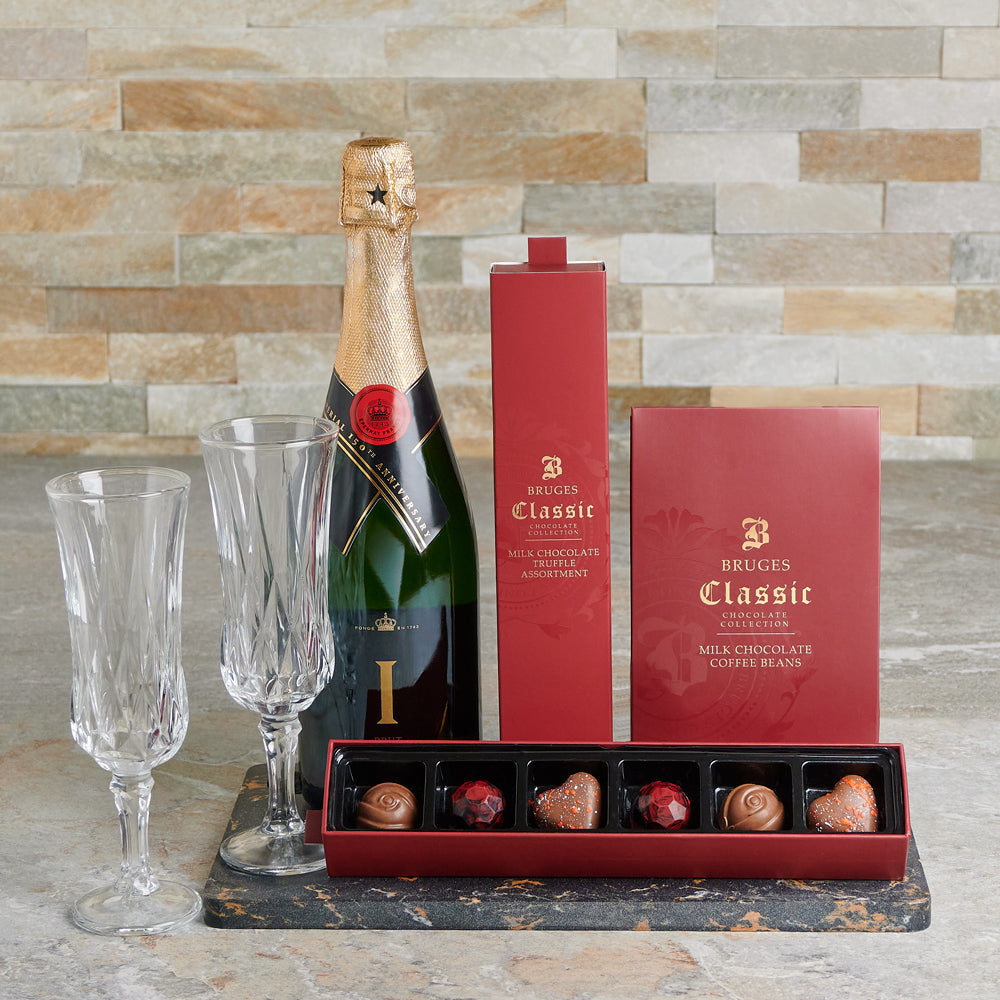 Cherry St. Chocolate &amp; Champagne Basket, Valentine's Day gifts, sparkling wine gifts, chocolate gifts