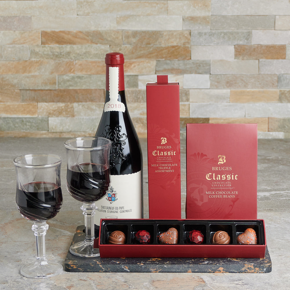 Cherry St. Chocolate &amp; Wine Basket, Valentine's Day gifts, chocolate gifts, wine gifts