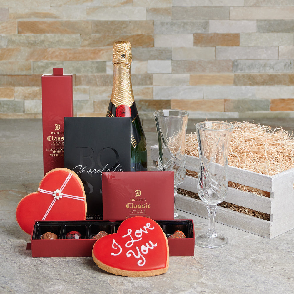 Valentine’s Sweet Devotion Champagne Gift Set, Valentine's Day gifts, cookie gifts, sparkling wine gifts