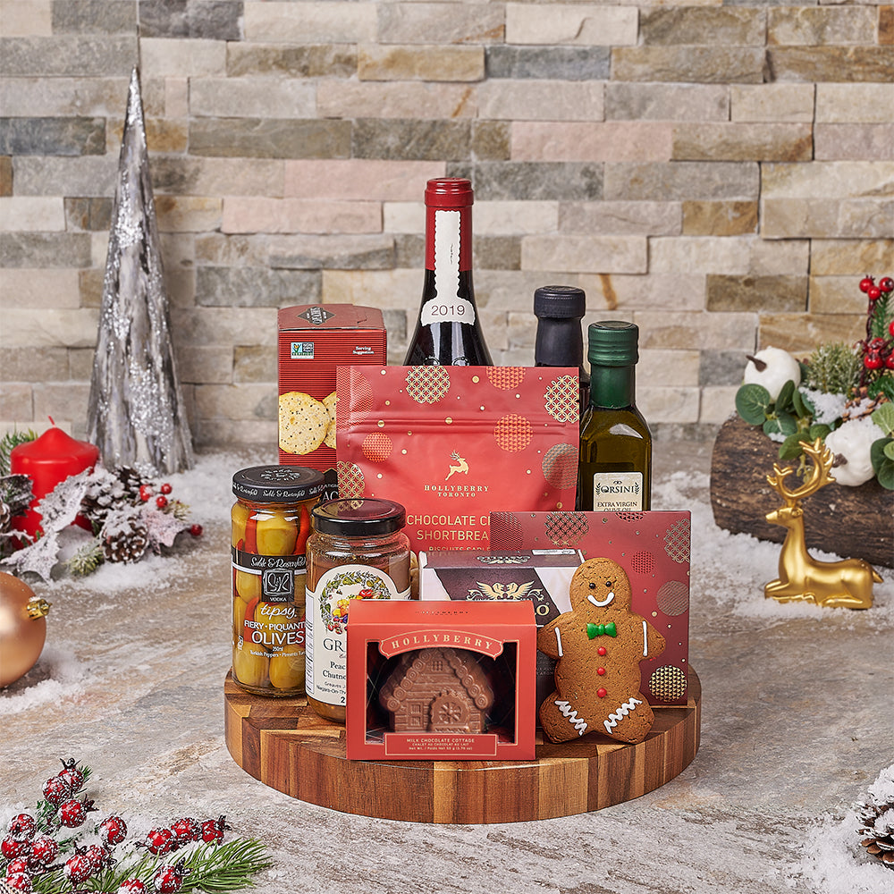 Festive Holiday Wine & Cheese Gift Board, wine gift, wine, chocolate gift, chocolate, christmas gift, christmas