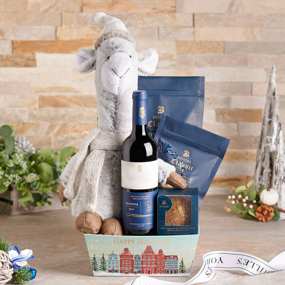 Festive Sweet Treat &amp; Llama Gift Set, christmas gift, christmas, holiday gift, holiday, gourmet gift, gourmet, chocolate gift, chocolate, wine gift, wine
