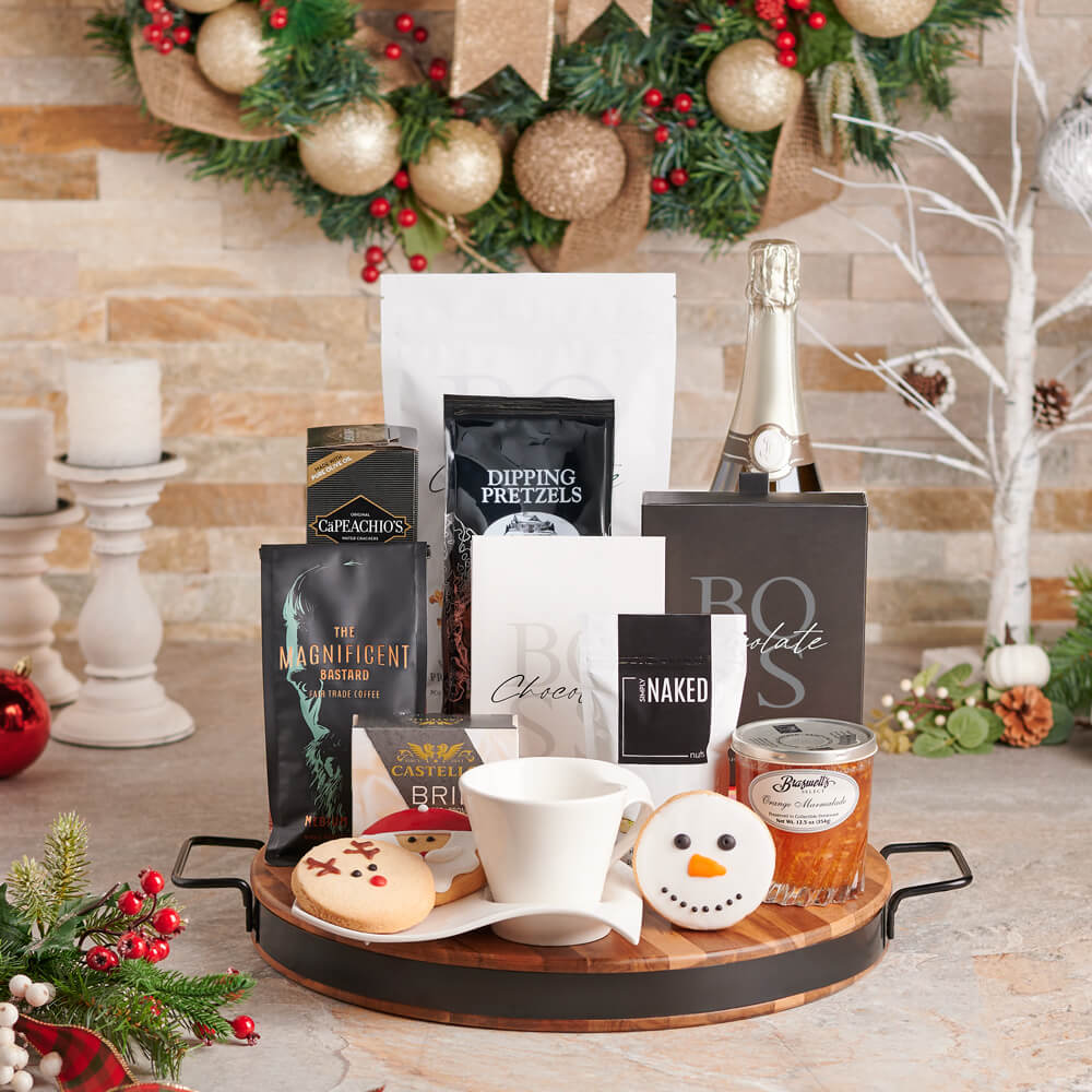 Frosted Snowman &amp; Champagne Gift Set, christmas gift, christmas, holiday gift, holiday, gourmet gift, gourmet, coffee gift, coffee, sparkling wine gift, sparkling wine, champagne gift, champagne