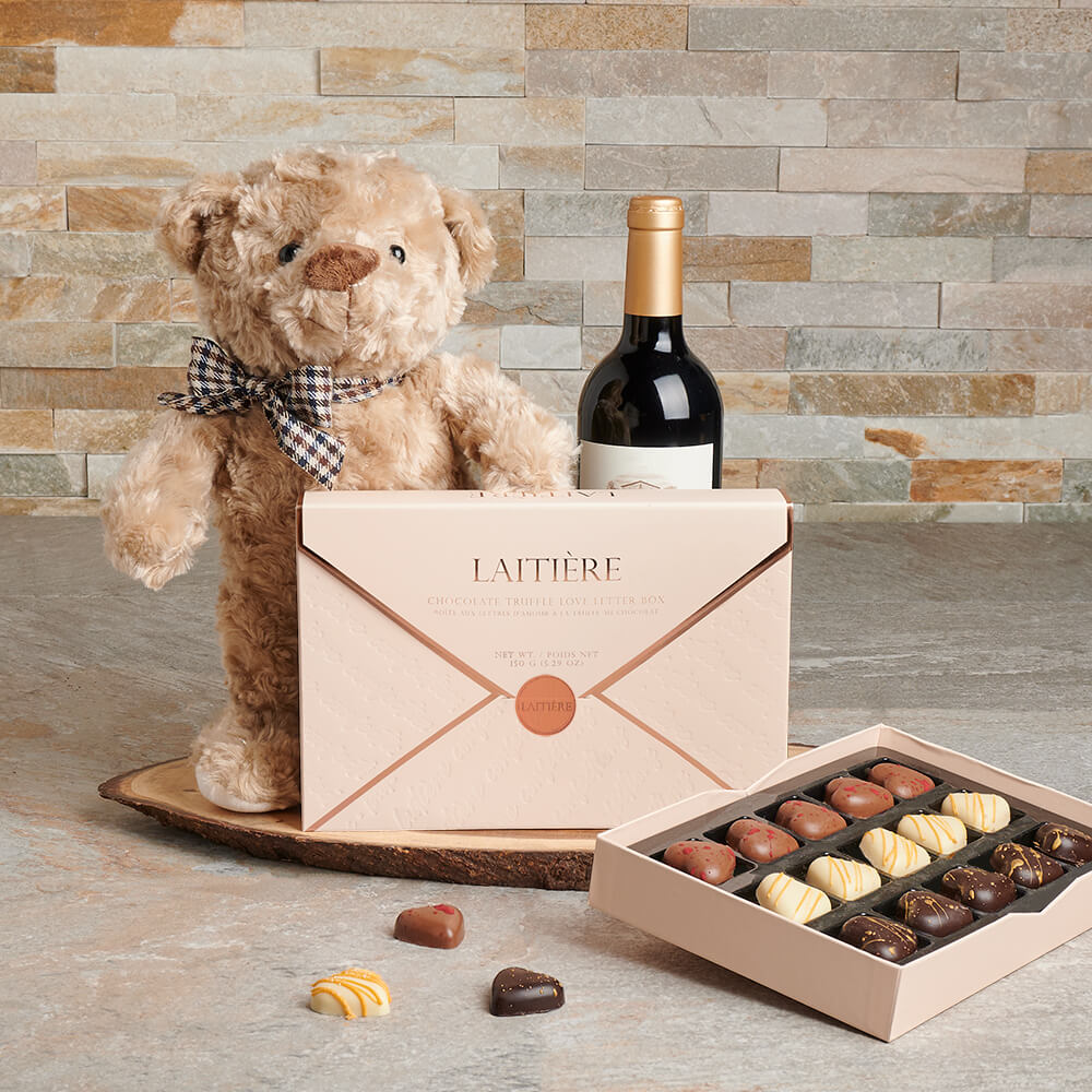 Great Chocolate &amp; Bear Gift Set with Wine, chocolate gift, chocolate, wine gift, wine, gourmet gift, gourmet, teddy bear gift, teddy bear