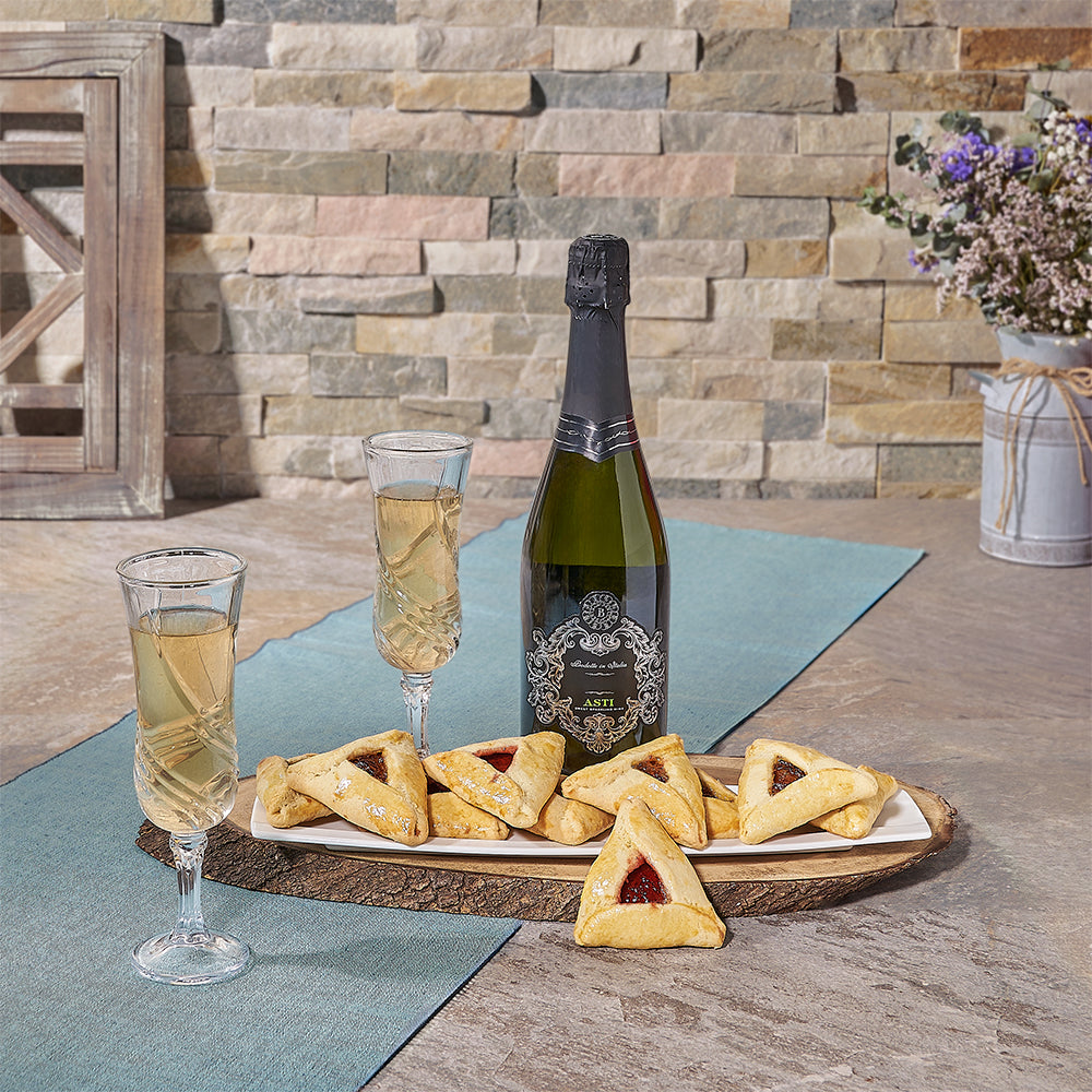 Hamantaschen Cookie Dish & Champagne, sparkling wine gift, sparkling wine, champagne gift, champagne, kosher gift, kosher, purim gift, purim