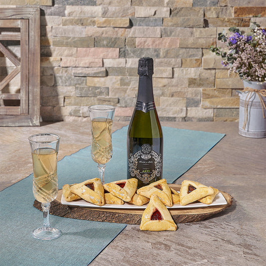 Hamantaschen Cookie Dish & Champagne, sparkling wine gift, sparkling wine, champagne gift, champagne, kosher gift, kosher, purim gift, purim