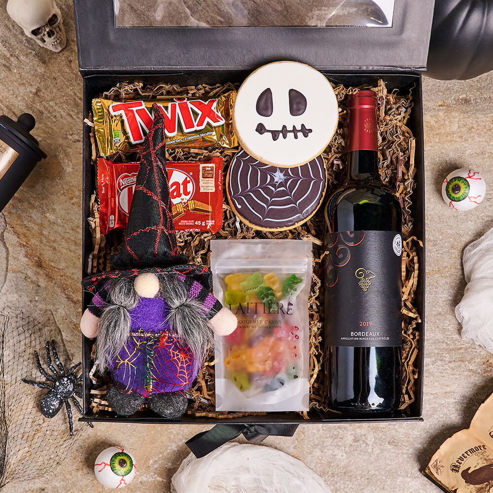 Happy Halloween Wine Gift Basket, wine gift, wine, gourmet gift, gourmet, Halloween gift, Halloween, candy gift, candy