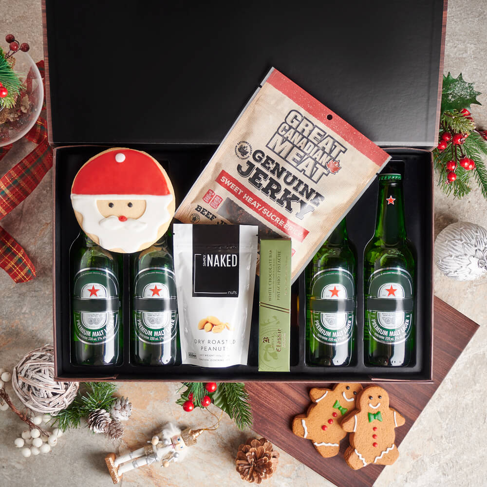 Happy Holidays Beer &amp; Gourmet Snacks Basket, christmas gift, christmas, holiday gift, holiday, beer gift, beer, gourmet gift, gourmet
