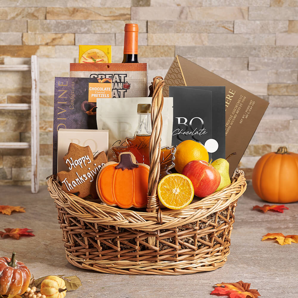 Happy Thanksgiving Fruit &amp; Wine Basket, wine gift, wine, gourmet gift, gourmet, thanksgiving gift, thanksgiving, fall gift, fall, fruit gift, fruit