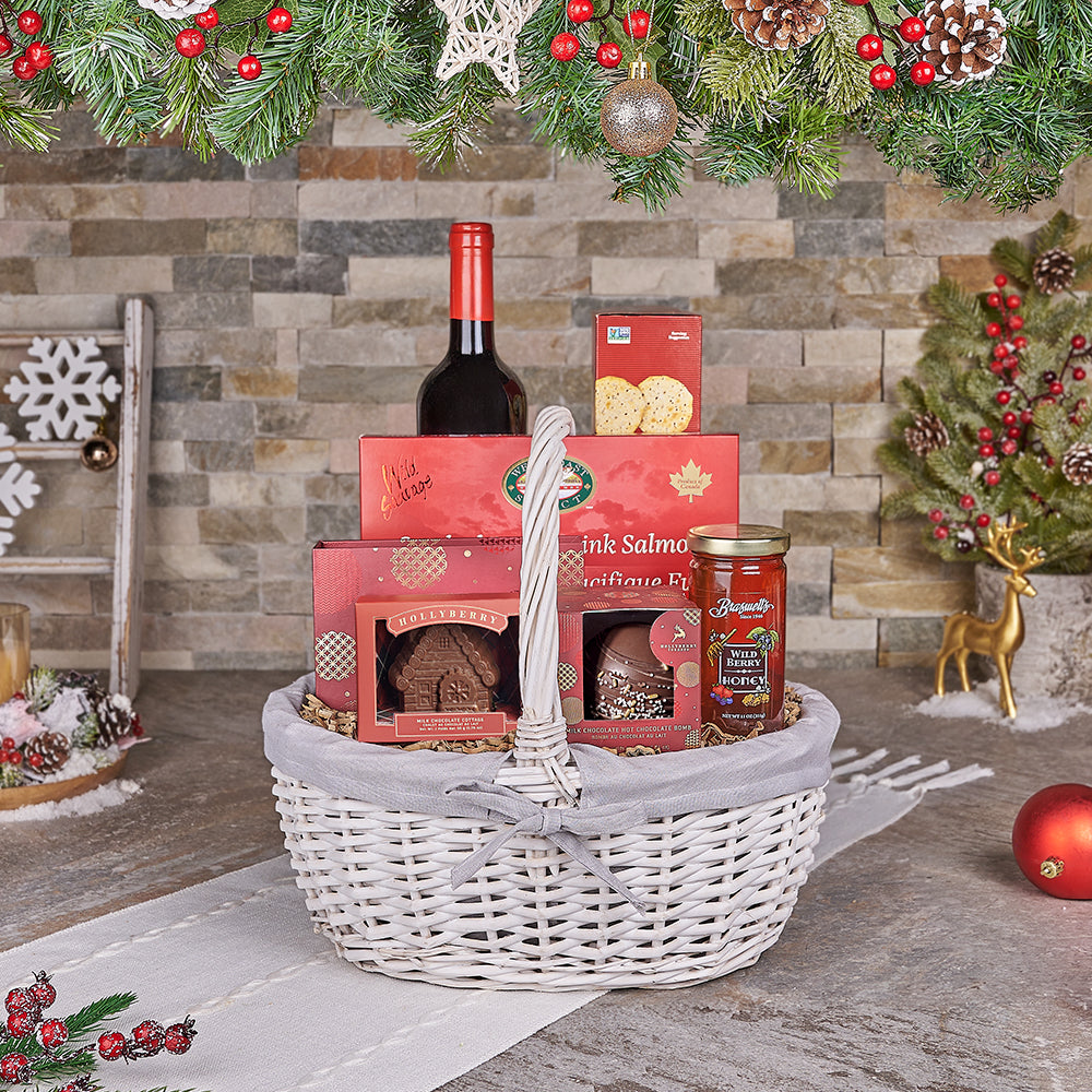 Holiday Wine &amp; Salmon Gift Basket, wine gift, wine, christmas gift, christmas, seafood gift, seafood, Canada delivery