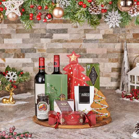 Holiday Wine, Cheese & Chocolate Platter, wine gift, wine, christmas gift, christmas, chocolate gift, chocolate, cookie gift, cookie, Set 28428-2024